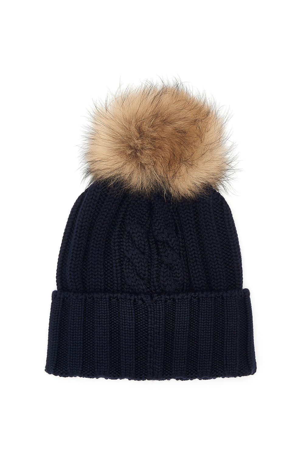 Woolrich Women's Racoon Pom-pom Beanie Navy - Laid Flat Back View