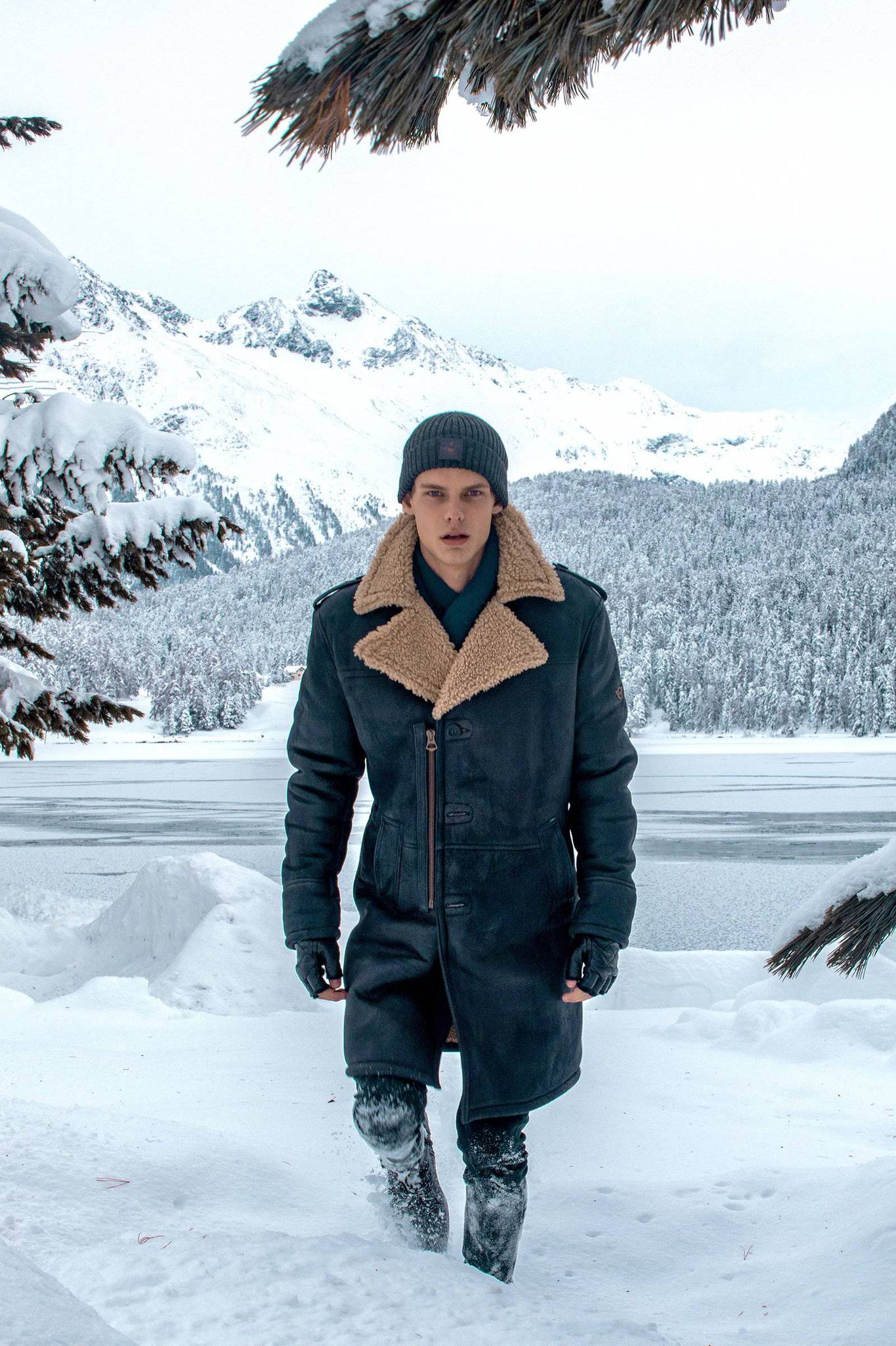 Matchless Fokker Men's Shearling Leather Trench Coat Black - Front View Man Wearing Coat