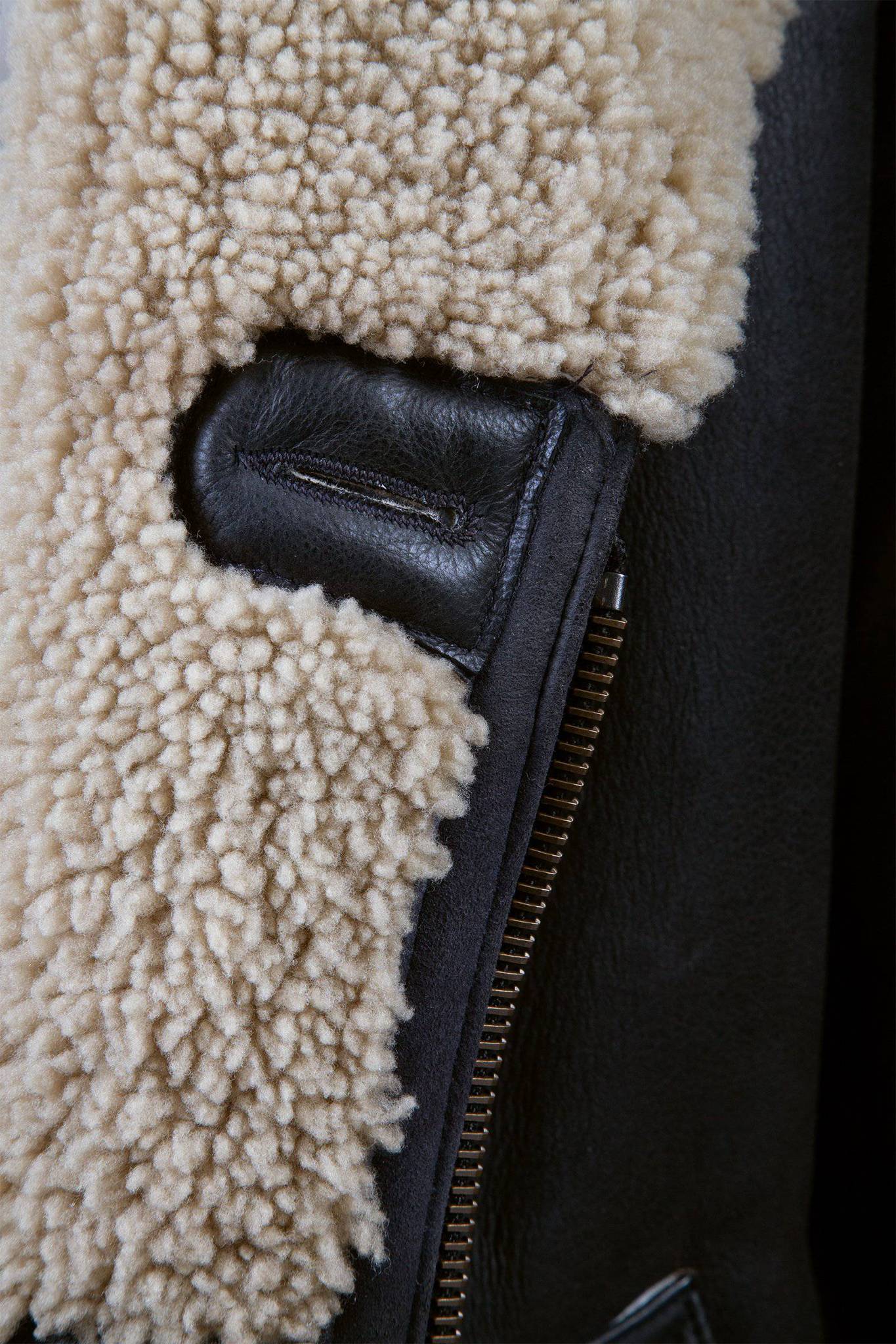 Matchless Fokker Men's Shearling Leather Trench Coat Black - Close Up Button Zip Fastening