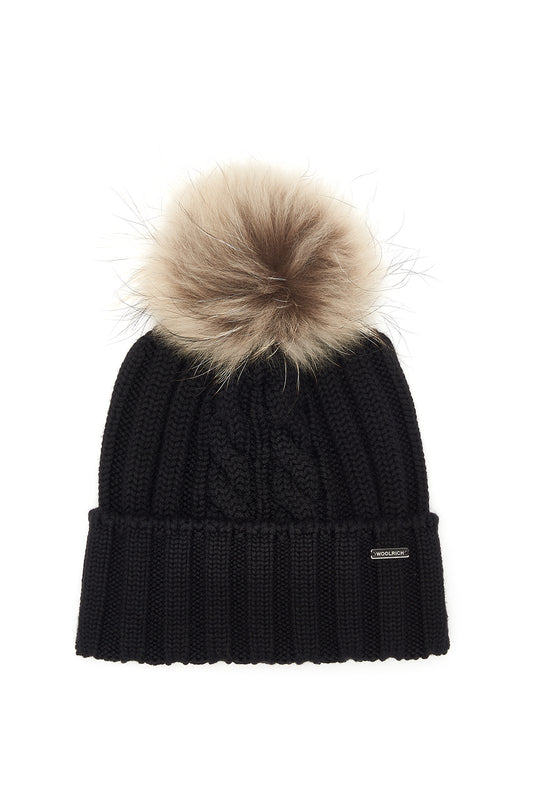 Woolrich Women's Racoon Pom-pom Beanie Black - Laid Flat Front View