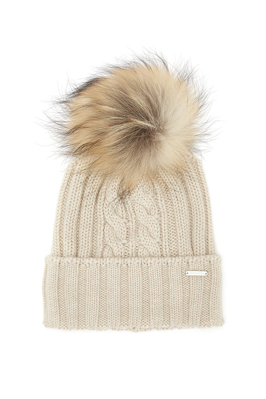 Woolrich Women's Rib-knit Pom-pom Beanie Cream - Laid Flat Front View