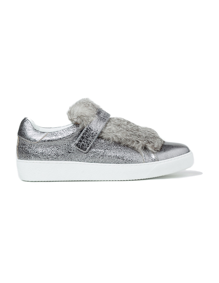 Moncler Lucie Ladies Fur Trim Sneakers Silver