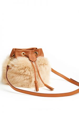 ki:ts Drawstring Bag with 2 Way Shoulder Strap Biscuit Shearling (Long Wool Lambskin) & Tan Leather
