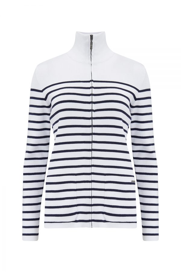 Saint James Brooklyn Women’s Stripe Zip-up Cardigan White/Navy - New SS21 Collection